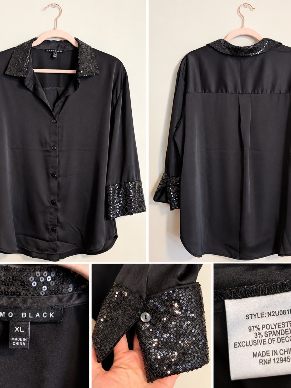 COMO BLACK Black Sequin Button-Down Blouse - XL